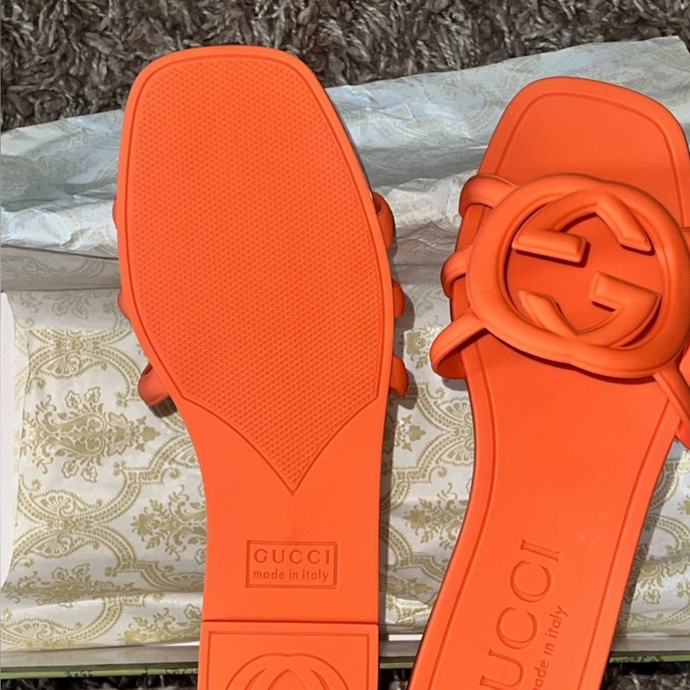 New Gucci Interlocking Women G Slides, Great for Summer, Color is Orange.